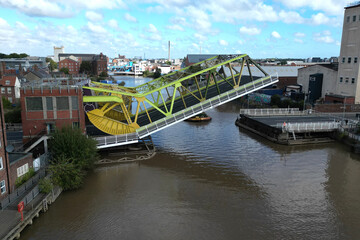 aerial view of Drypool Bridge, structural damage has closed the bridge over the river Hull Kingston...