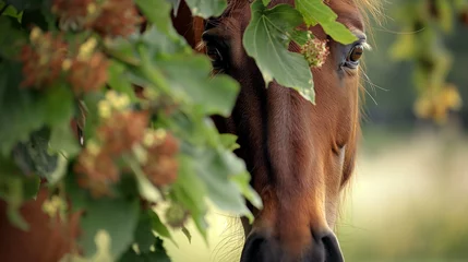 Fotobehang Zbliżenie na konia chowającego się za drzewem © Kumulugma