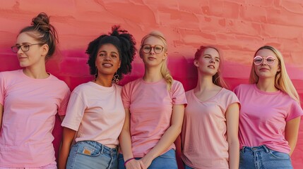 four diverse women wearing pink t-shirts adorned with cancer ribbons as they stand together,...