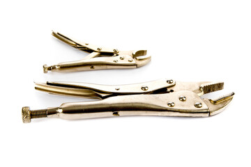 hand workshop handyman tools locking gripping pliers side view isolated on a white background