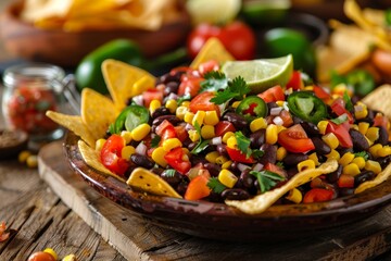 Homemade Mexican bean salad with lime dressing served with tortilla chips and fresh ingredients on blurred background