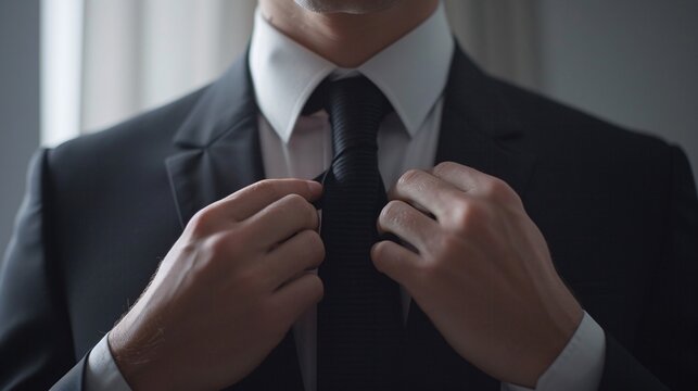 A man wearing a black suit is shown adjusting his necktie.
