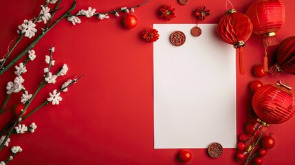 A festive composition with a blank white card surrounded by Chinese New Year decorations on a red background