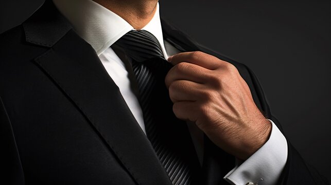 A man wearing a black suit is shown adjusting his necktie.