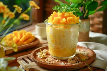 Hong Kong s sweet dessert Creamy Mango Sago is made with pureed mango sago pearl coconut milk and sliced mango as topping Served chilled in a jar