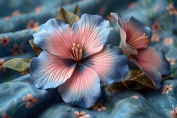 Blue and pink flower on fabric background, contrast colors, floral beauty, vibrant color combination