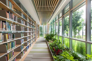Green Library Lounge with Nature-Inspired Design - obrazy, fototapety, plakaty