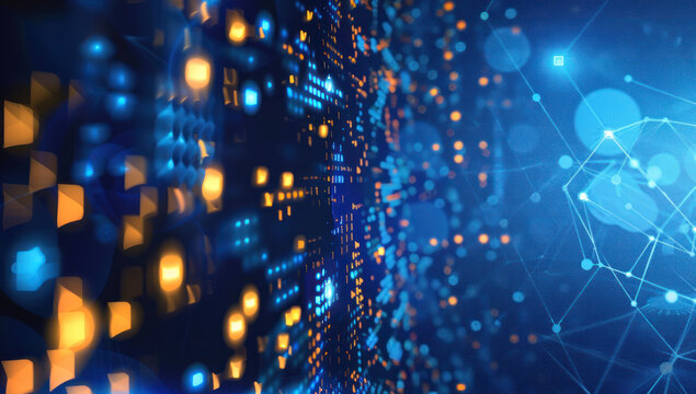 Abstract technology background with glowing binary code and network connections. Representation of data, digital and artificial intelligence.