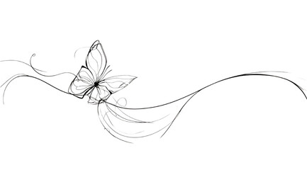 a simple butterfly with a long ribbon tail behind it on a white background
