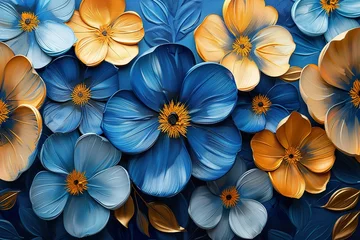 Foto op Canvas colorful blue and gold flowers painted with oil paints. bright floral background © krishnendu