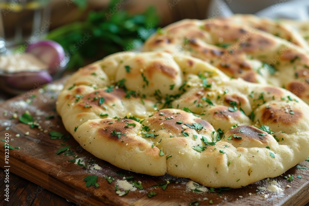 Wall mural Indian naan with herbs garlic and butter on cutting board - Wall murals