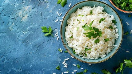 White rice bowl garnished with fresh parsley on a blue background.