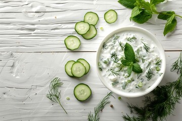 Obraz premium Indian raita sauce with cucumber and herbs on white background Greek tzatziki sauce Indian cuisine