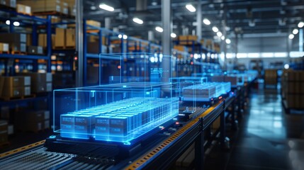 Holographic factory outlined in blue demonstrating the impact of technology on manufacturing concepts