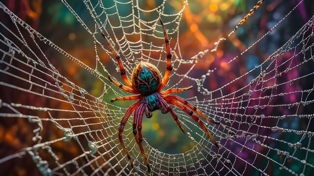 spider sits on the web. mystical illustration painted with oil paints