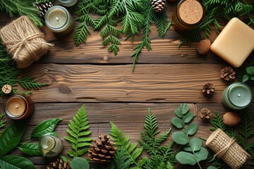 Fototapeta na wymiar Rustic wooden table decorated with candles and greenery