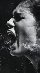 Dramatic Monochrome Portrait of Strained Coughing and Breathing - obrazy, fototapety, plakaty