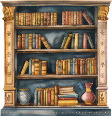 A blue bookshelf with many books on it watercolor, transparent background