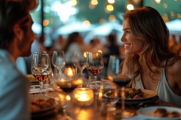 Elegant couple dining with wine glasses