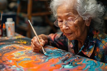 Elderly woman painting vibrant canvas - obrazy, fototapety, plakaty