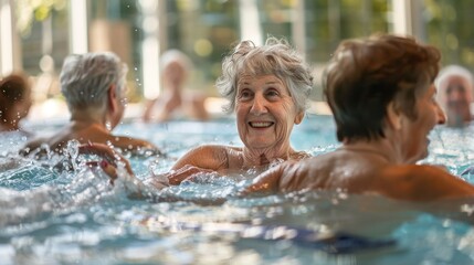 Elderly women doing exercise on the indoor pool of a nursing home. senior movement and recreation,...