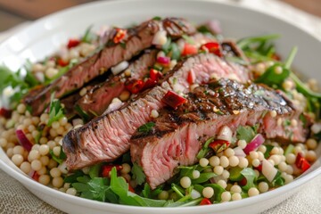 Israeli Couscous Salad with Flank Steak - obrazy, fototapety, plakaty