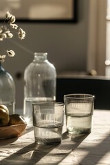 Soft sunlight casting shadows on a table with two clear water glasses highlighting simplicity and calm