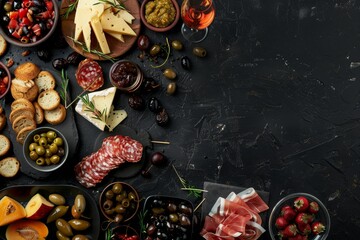 Italian antipasti wine snacks including bruschetta cheese olives pickles Prosciutto di Parma salami and wine on black background viewed from top - obrazy, fototapety, plakaty