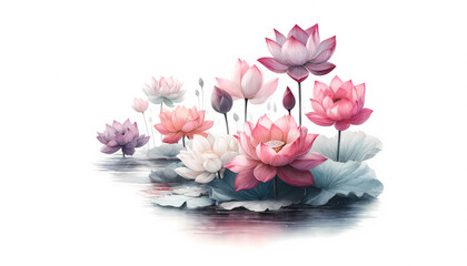 Lotus Journey: Watercolor Panorama of Life Cycle on a Tranquil Pond