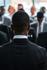 Fototapeta premium Back of a man's head as he observes a group of blurred individuals, indicating focus and perspective