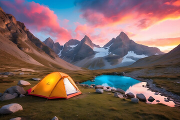 Stunning mountain campsite with vibrant tent, a perfect summer getaway for adventurous tourists design.