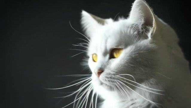 A white cat with a black nose and yellow eyes
