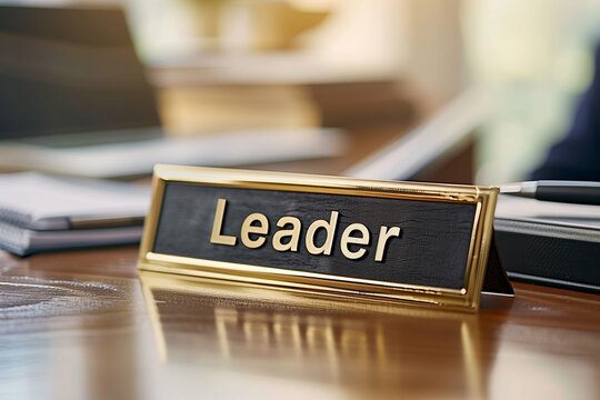 With a closeup view of the 'Leader' text on a black and gold nameplate, this image emphasizes leadership in a professional setting
