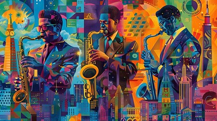A vibrant mural-style illustration pays homage to African American cultural milestones