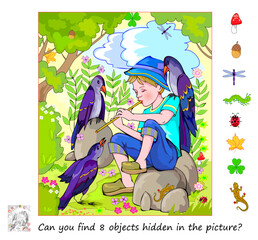 Can you find 8 objects hidden in the picture? Logic puzzle game for children and adults. The peasant boy playing pipe in the forest. Educational page for kids. Flat cartoon vector illustration.