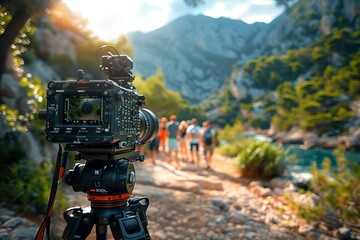 A camera on a tripod captures a group walking in the mountain landscape - obrazy, fototapety, plakaty