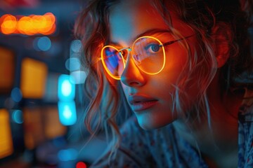 Woman wearing heart shaped glasses in city at night