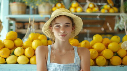 Obraz premium Young teenage girl makes and sells homemade lemonade on the street outside her house. The concept of extra income for teenagers. Summer sunny day. Generative ai