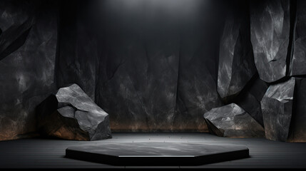 Mock up white podium on water, for product presentation, black background with dark stone, 3d render, 3d illustration, generative ai