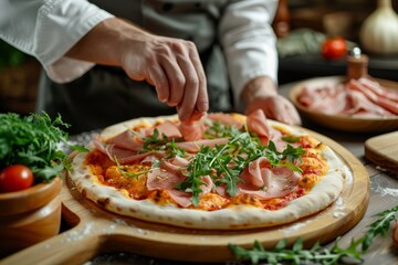 Italian pizza prepared by chef in modern kitchen with traditional toppings