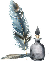 A feather and a pen are on a white background watercolor, transparent background