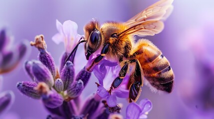 A bee pollinates a lavender flower. The bee is covered in yellow and black stripes, and the lavender flower is purple.