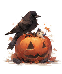 Halloween Crow And Pumpkin Night Illustration