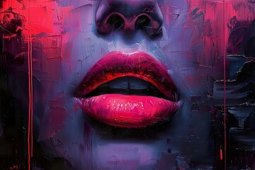 painting abstract art of female pink red lips mouth.