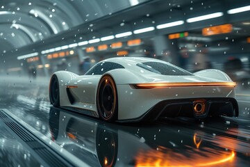 White sports car speeding through tunnel