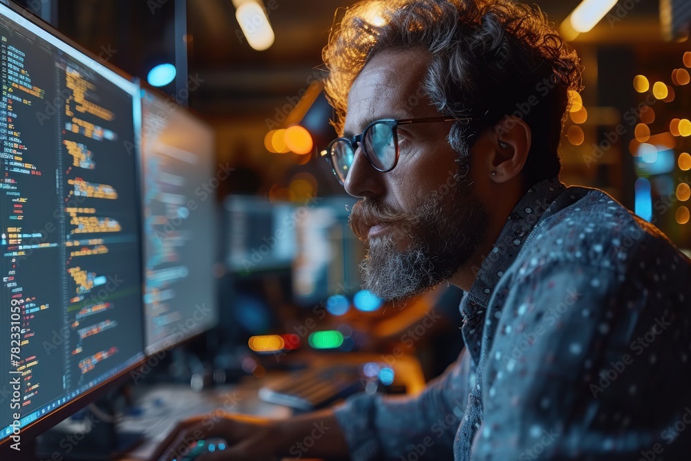 Poster man with glasses looking at computer screen