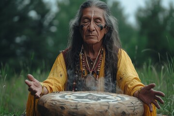 Elderly native american man drumming in field