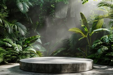 Round Concrete Table Surrounded by Tropical Plants