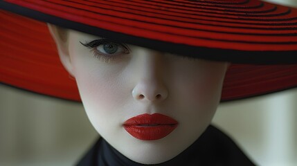   A woman's face, closely framed, wears a red hat adorned with a black ribbon cinching its brim - obrazy, fototapety, plakaty