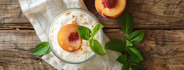 glass of Greek yogurt topped with juicy peach pieces, accompanied by diced peaches arranged on an isolated wooden background, enticing viewers with a delicious and wholesome snack.